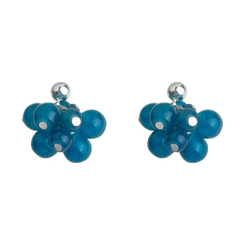 Sweet Korean Style Blue Glass Crystal Grape Cluster Tassel Handmade Woven Drop Earrings