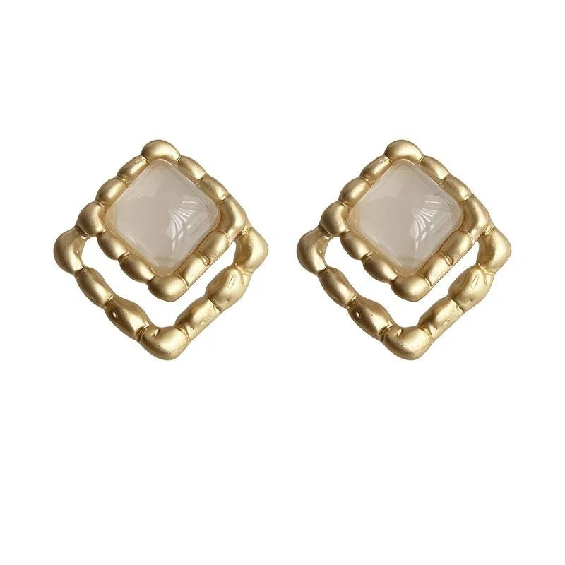 French Vintage Geometric Square Lace Copper Resin Stud Earrings, Minimalist Commuter Jewelry