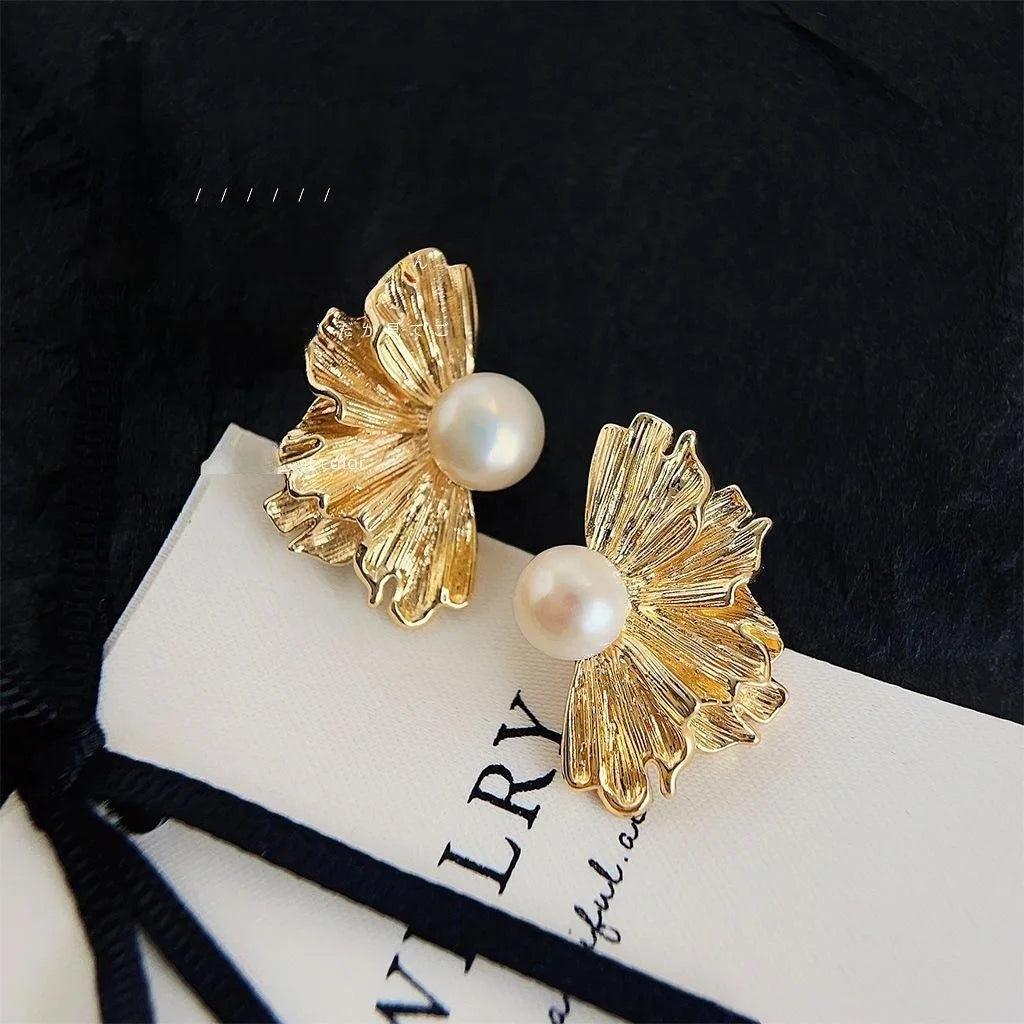 French Vintage Copper Freshwater Pearl Irregular Flower Petal Drop Earrings For Women
