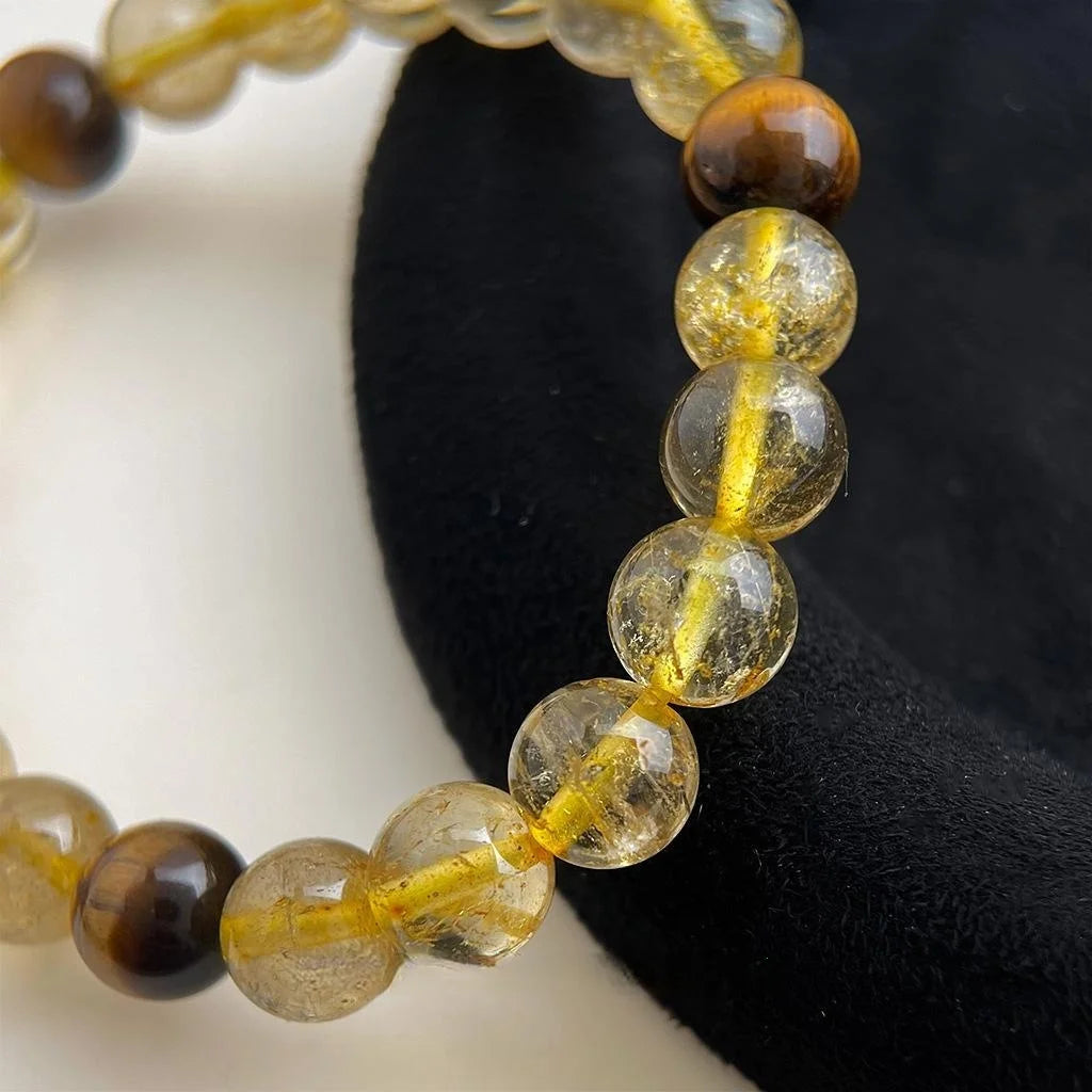 Natural Tiger Eye And Citrine Crystal Bracelet, Geometric Round Bead Chinese Style Jewelry