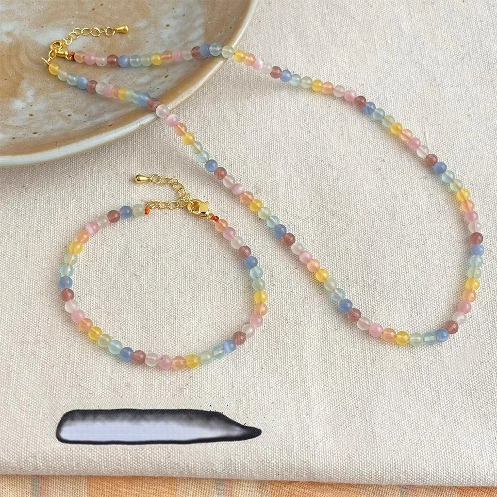 Glass Cat Eye Stone Sweet Dopamine Colorful Beaded Geometric Round Collarbone Necklace For Women