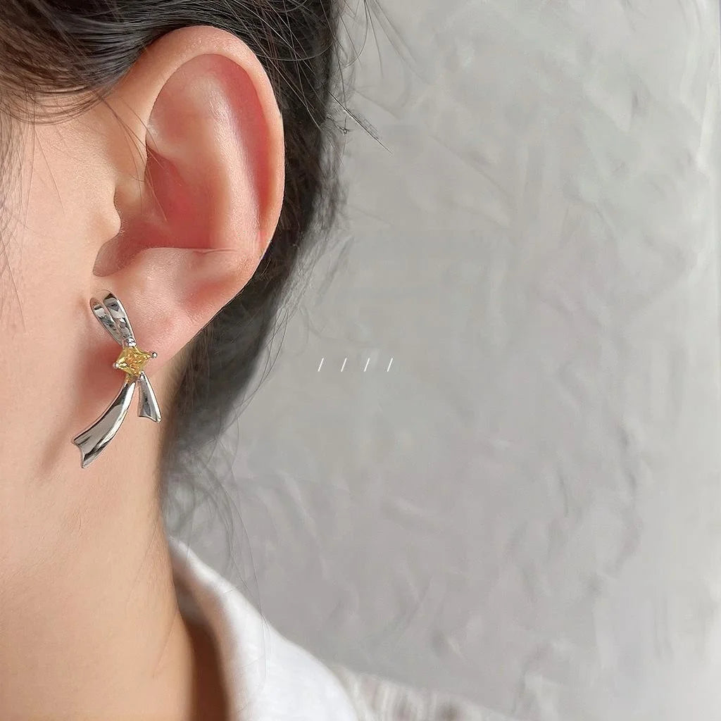 Sweet Cool Silver Bow Stud Earrings Copper Micro Pave Zircon Fashion Jewelry