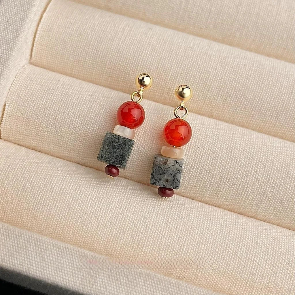 New Chinese Style Red Agate Shell Natural Stone Geometric Handmade Drop Earrings For Women
