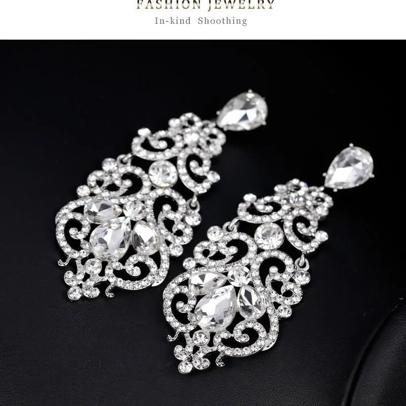 Luxury Hollow Teardrop Rhinestone Crystal Alloy Chandelier Earrings For Wedding Party Banquet Gift