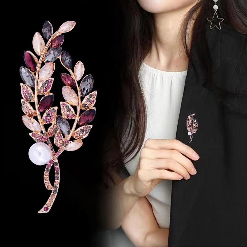 Elegant Willow Branch Bouquet Brooch With Alloy Rhinestone Leaves And Faux Pearl, Women's Lapel Pin Corsage Gift