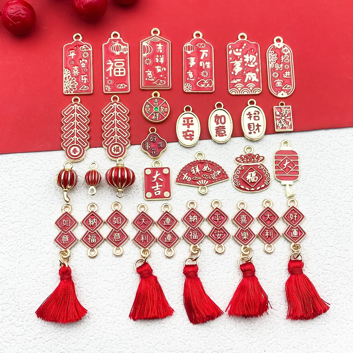 Red Zinc Alloy Fu Character Lantern Firecracker Bead for DIY New Year Jewelry