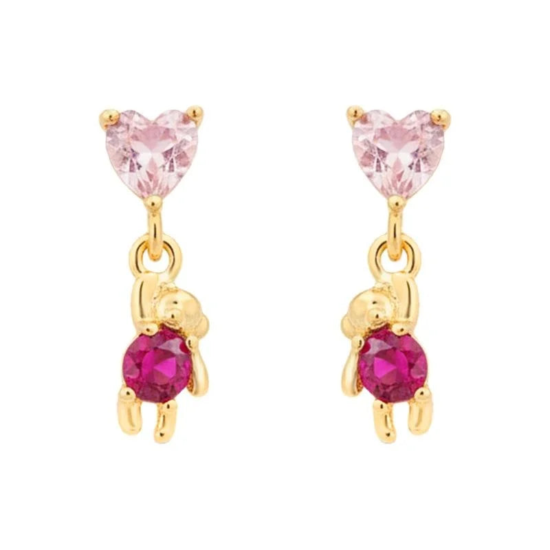 Sweet Balloon Bear Heart Micro Pave Zircon Copper Drop Earrings For Women