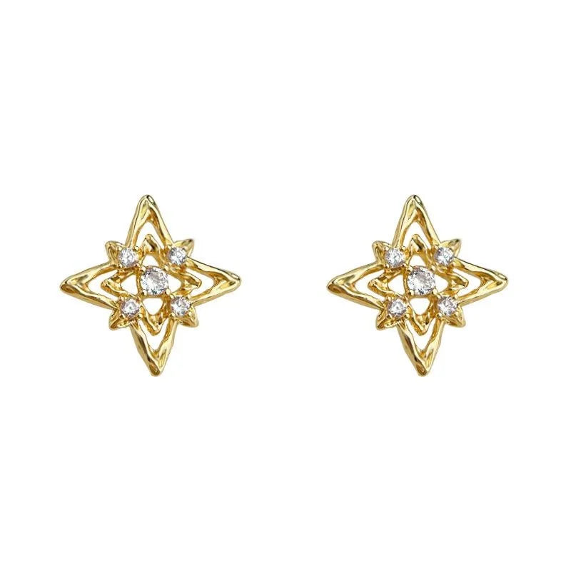 Designer 14K Plated Copper Star Stud Earrings Micro Pave Zircon Old Money Style