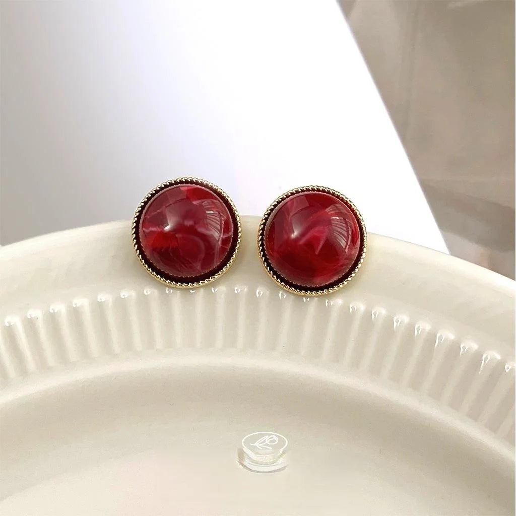 French Vintage Hong Kong Style Red Blush Resin Ball Stud Earrings With Silver Plated Pins