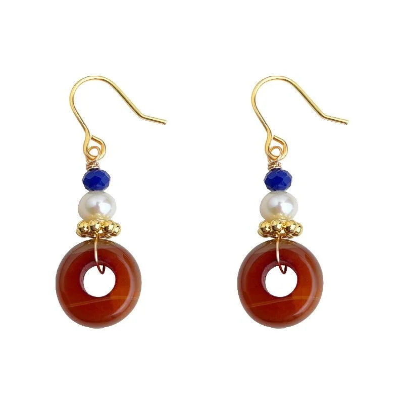 Freshwater Pearl Red Agate Geometric Hoop Drop Earrings Vintage Palace Style Handmade Jewelry