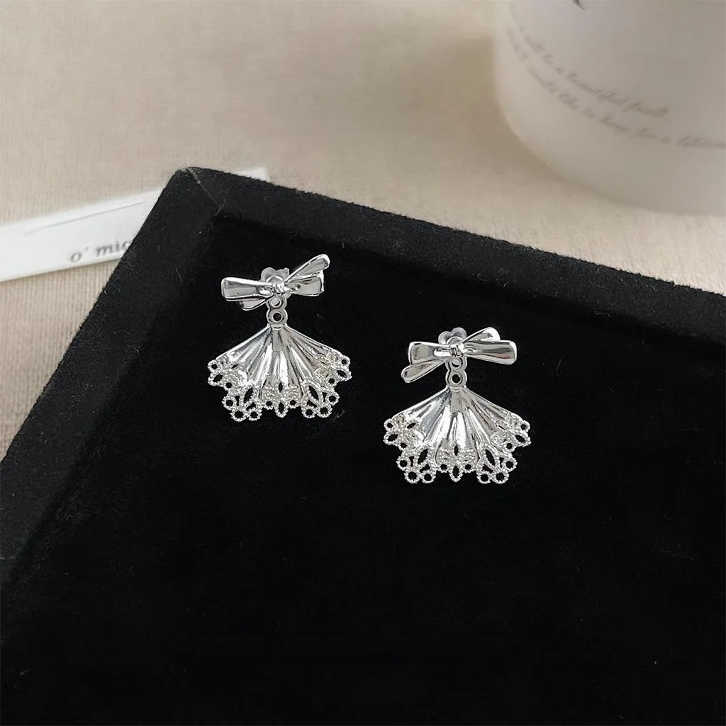 Sweet Korean Silver Bow Copper Drop Earrings 2 Way Ballet Girl Light Luxury Stud Earrings
