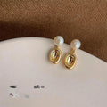 Freshwater Pearl Geometric Oval Drop Earrings, 14K Plated Minimalist Copper Jewelry