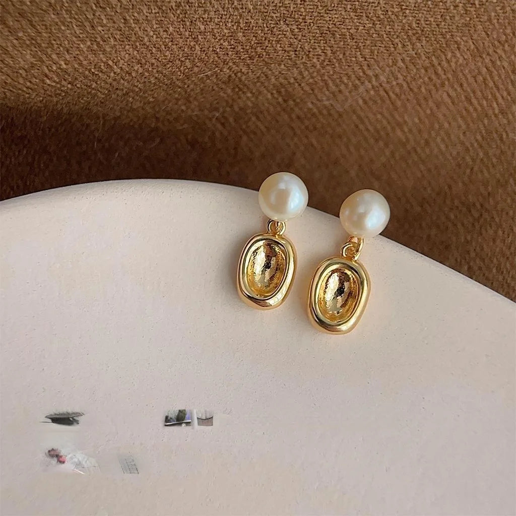 Freshwater Pearl Geometric Oval Drop Earrings, 14K Plated Minimalist Copper Jewelry