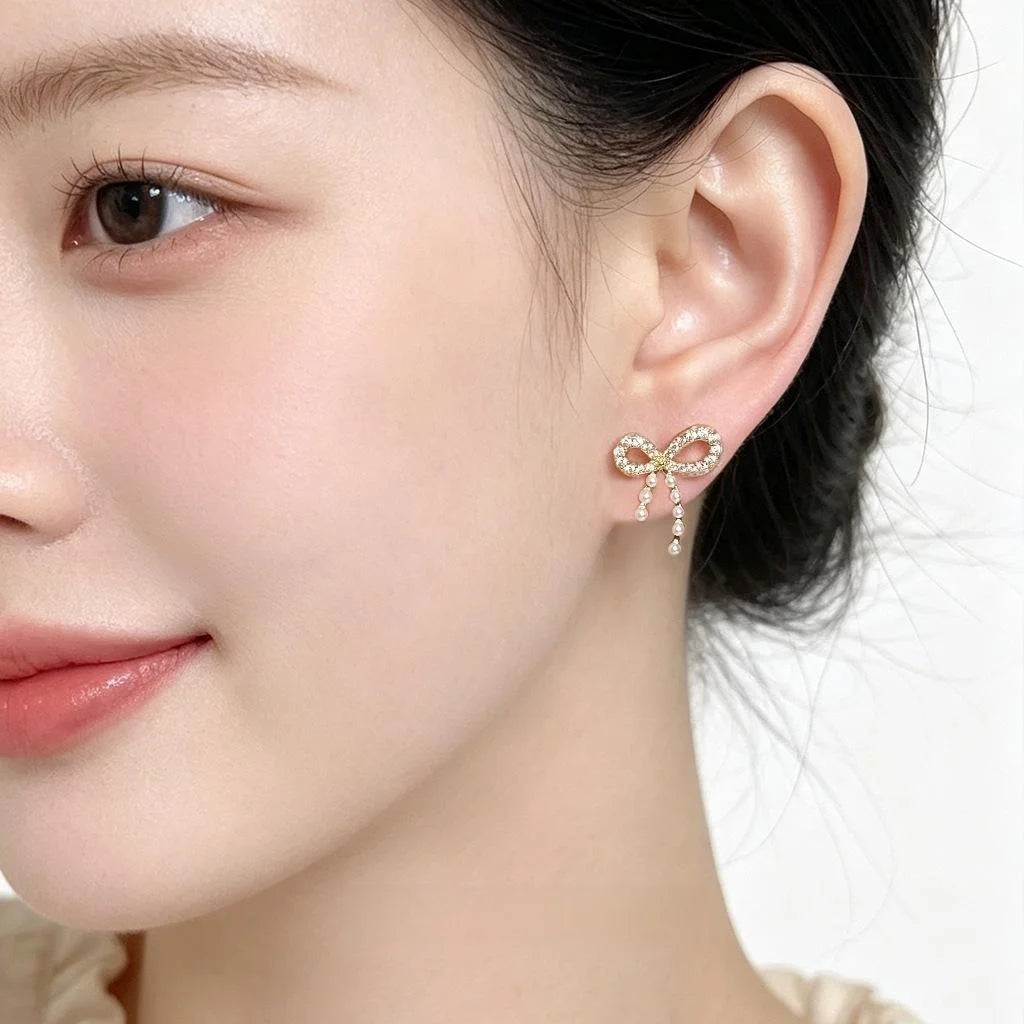 Cute Bow Pearl Stud Earrings With Micro Pave Zircon 14K Plated Eco Copper