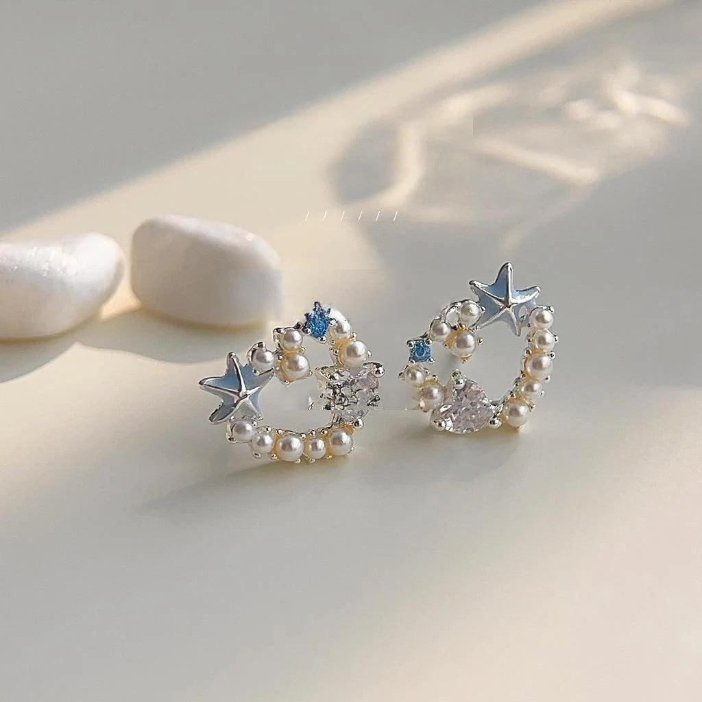 Sweet Vacation Zircon Starfish Heart Hoop Stud Earrings, Copper