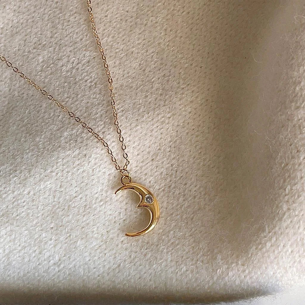 14K Gold Plated Copper Crescent Moon Micro Pave Zircon Collarbone Necklace