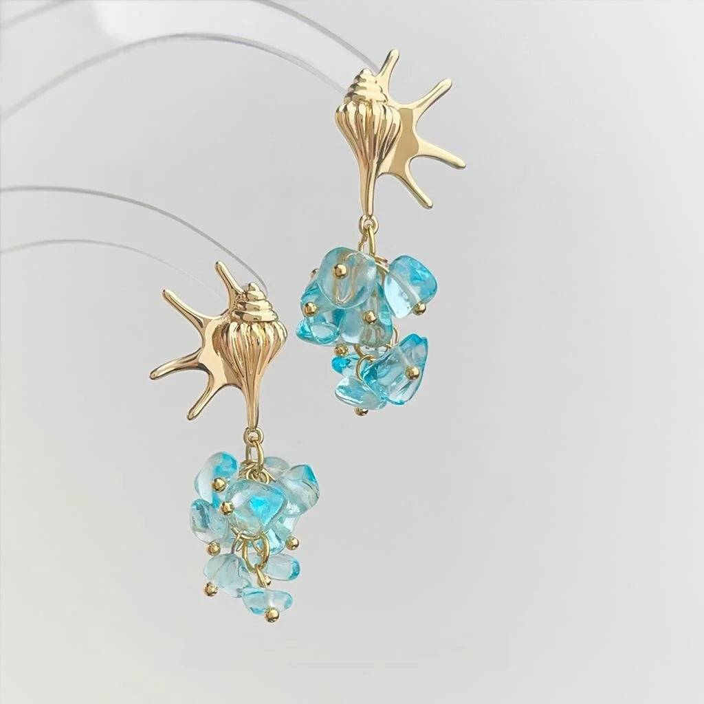 Ocean Style Copper Aquamarine Glass Conch Geometric Drop Earrings For Beach Vacation