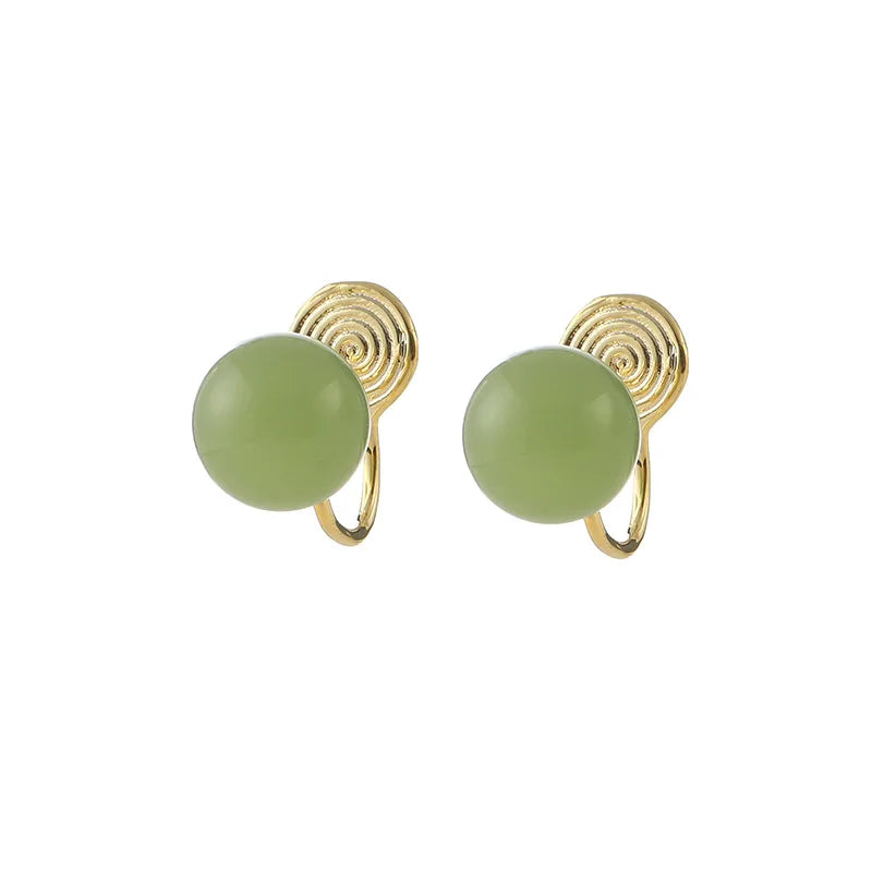 Minimalist Vintage Gold Alloy Spiral Disc With Natural Agate Ball Stud & Clip On No Piercing Earrings