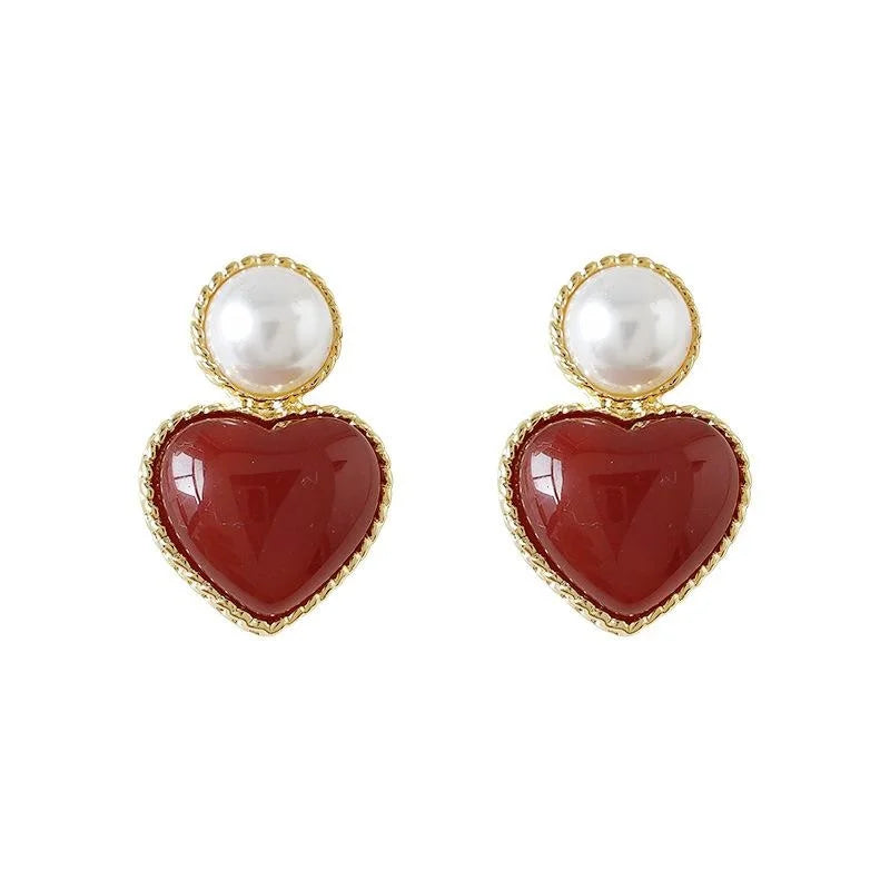 Vintage Burgundy Heart Drop Earrings Eco-Friendly Copper Oversized Retro Hong Kong Style Jewelry
