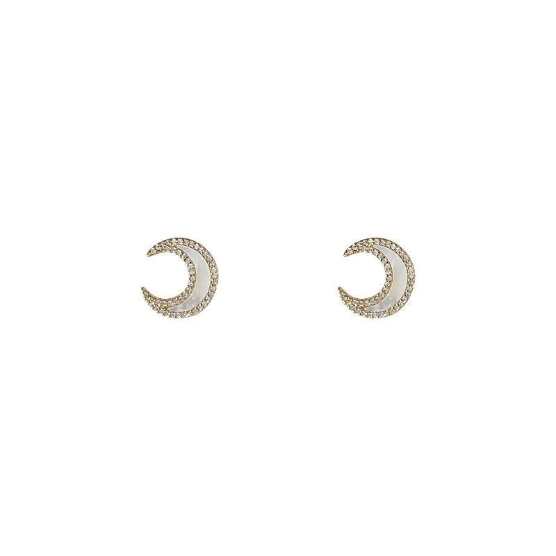 14K Gold Plated Copper Natural Shell Moon Star Micro Pave Zircon Luxury Stud Earrings