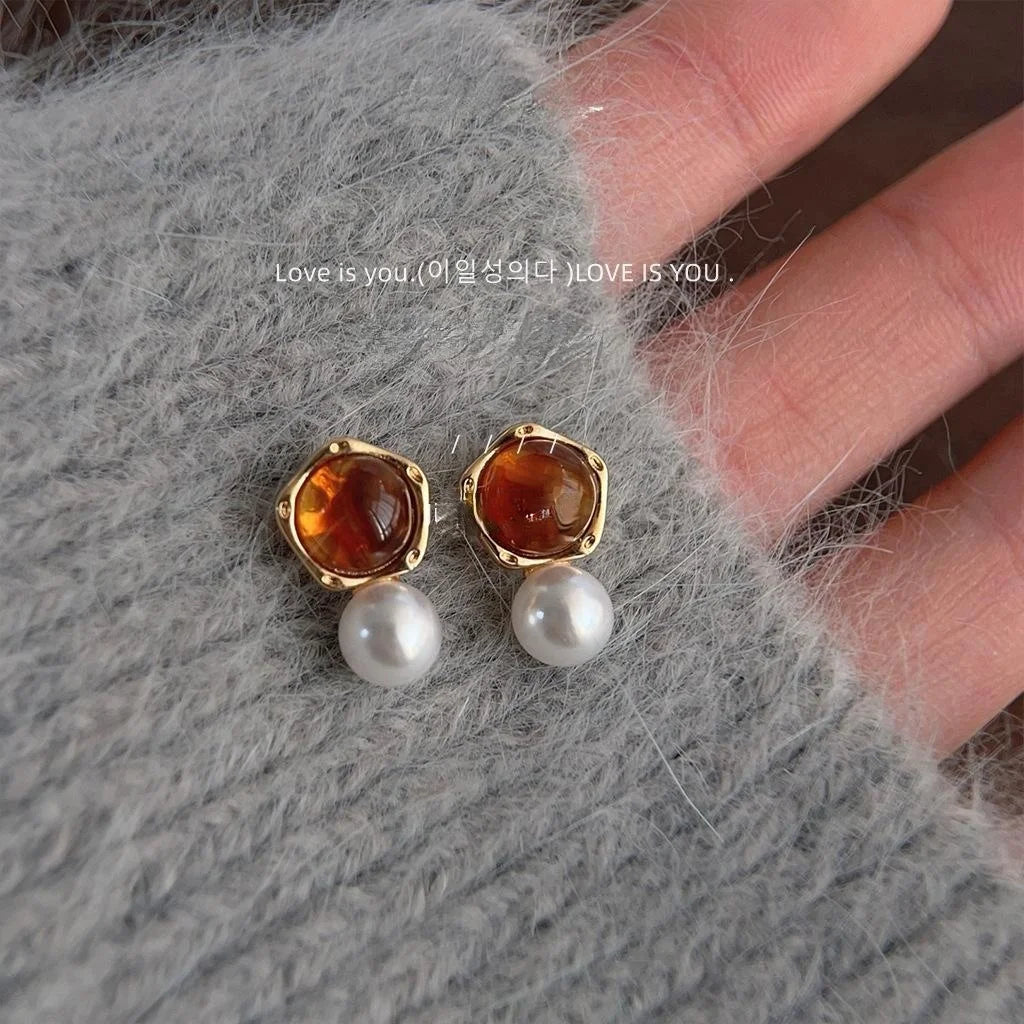 Maillard Amber Copper Pearl Drop Earrings Irregular Geometric French Elegant Commuter Jewelry
