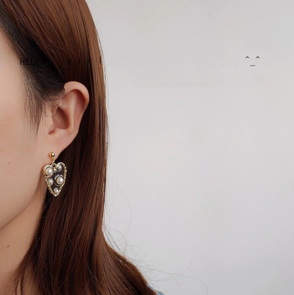 14K Gold Plated Natural Shell Heart Drop Earrings, Korean Handmade Asymmetric AB Casual Jewelry