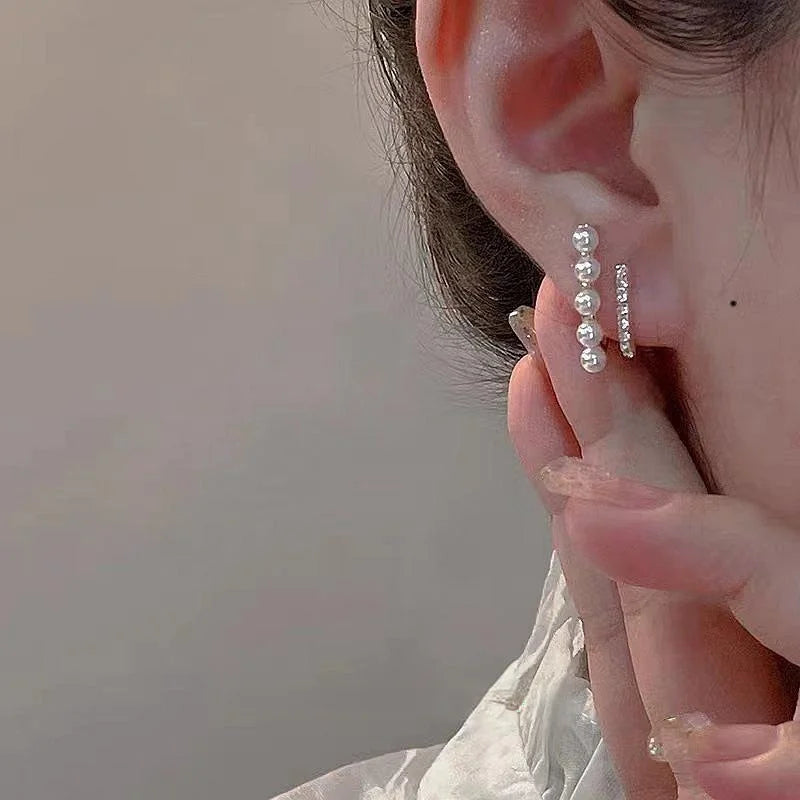 14K Gold Plated Copper Pearl Stud Earrings Micro Pave Zircon Geometric Line Design