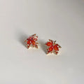 14K Plated Copper Red Maple Leaf Zircon Stud Earrings For Women, Unique Leaf Jewelry
