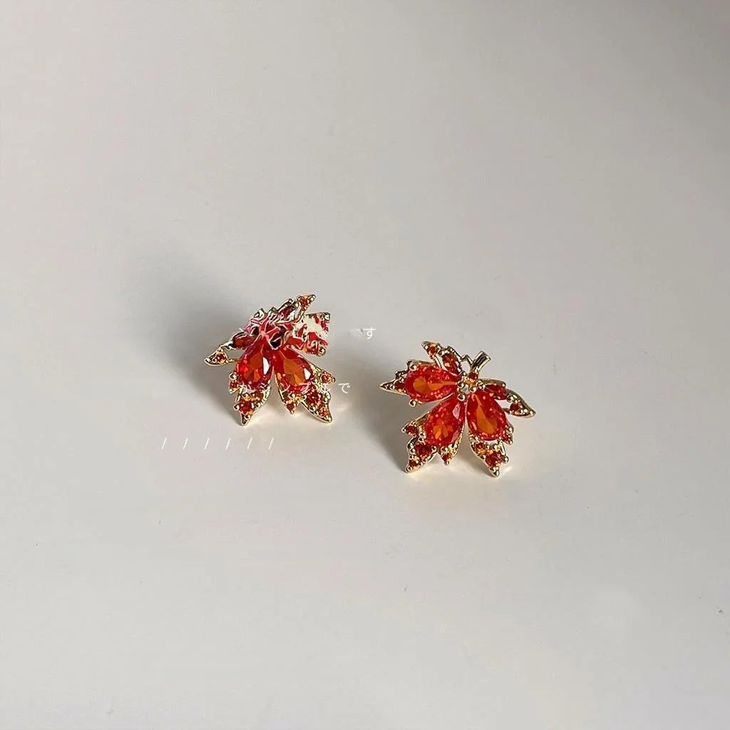 14K Plated Copper Red Maple Leaf Zircon Stud Earrings For Women, Unique Leaf Jewelry