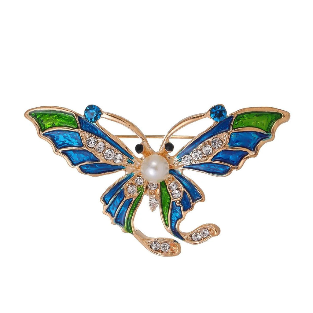 Vintage Blue Green Enamel Butterfly Brooch With Rhinestones And Faux Pearl, Elegant Lapel Pin Gift