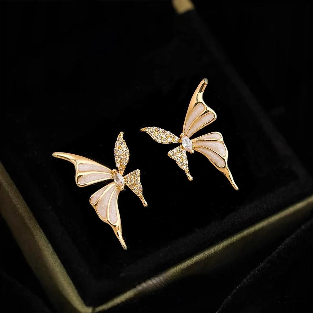 Elegant French Copper Micro Pave Zircon Liquid Butterfly Stud Earrings Light Luxury Jewelry