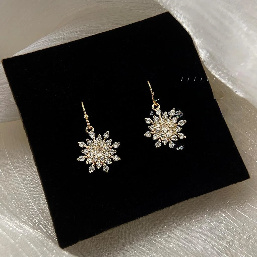 14K Gold Plated Copper Snowflake Micro Pave Zircon Drop Earrings Elegant Luxury Style