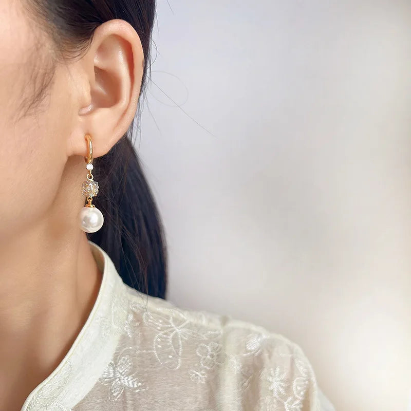 Elegant Swirl Hoop Crystal Rhinestone Pearl Drop Stud & Clip On No Piercing Long Dangle Earrings