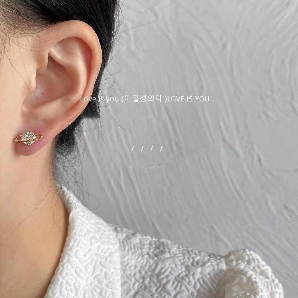 Micro Pave Zircon Star Moon Stud Earrings For Women, Simple Asymmetric Copper Mini Ear Jewelry