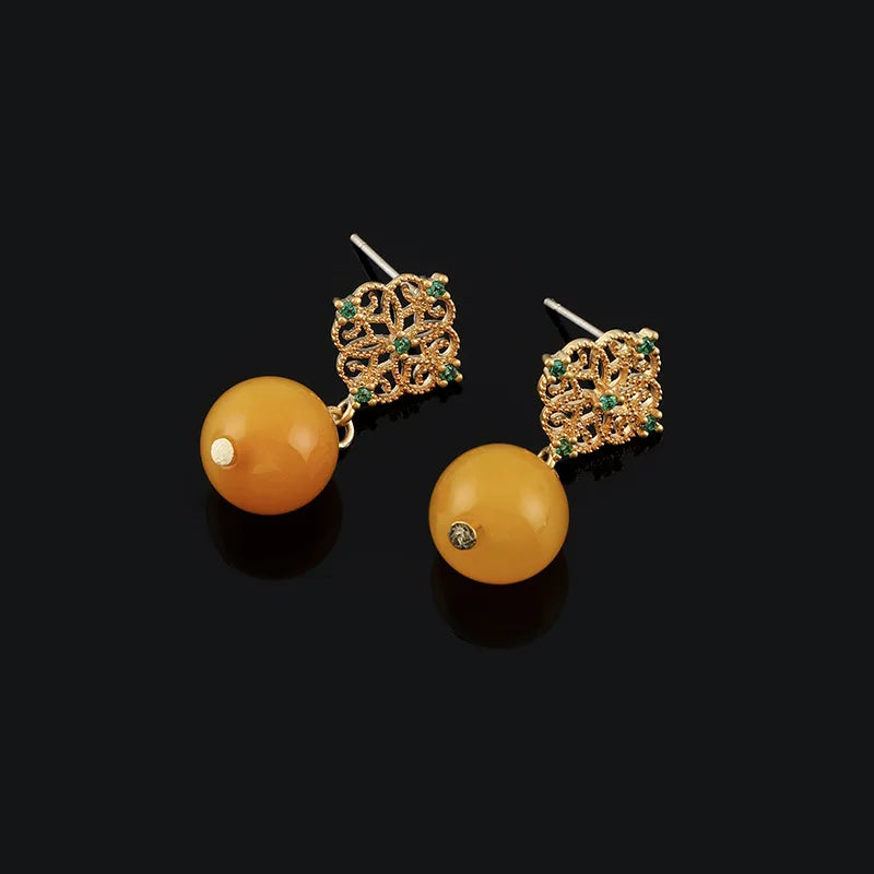 Vintage Gold Alloy Filigree Spiral Yellow Agate Bead Drop Stud & Clip On No Piercing Earrings