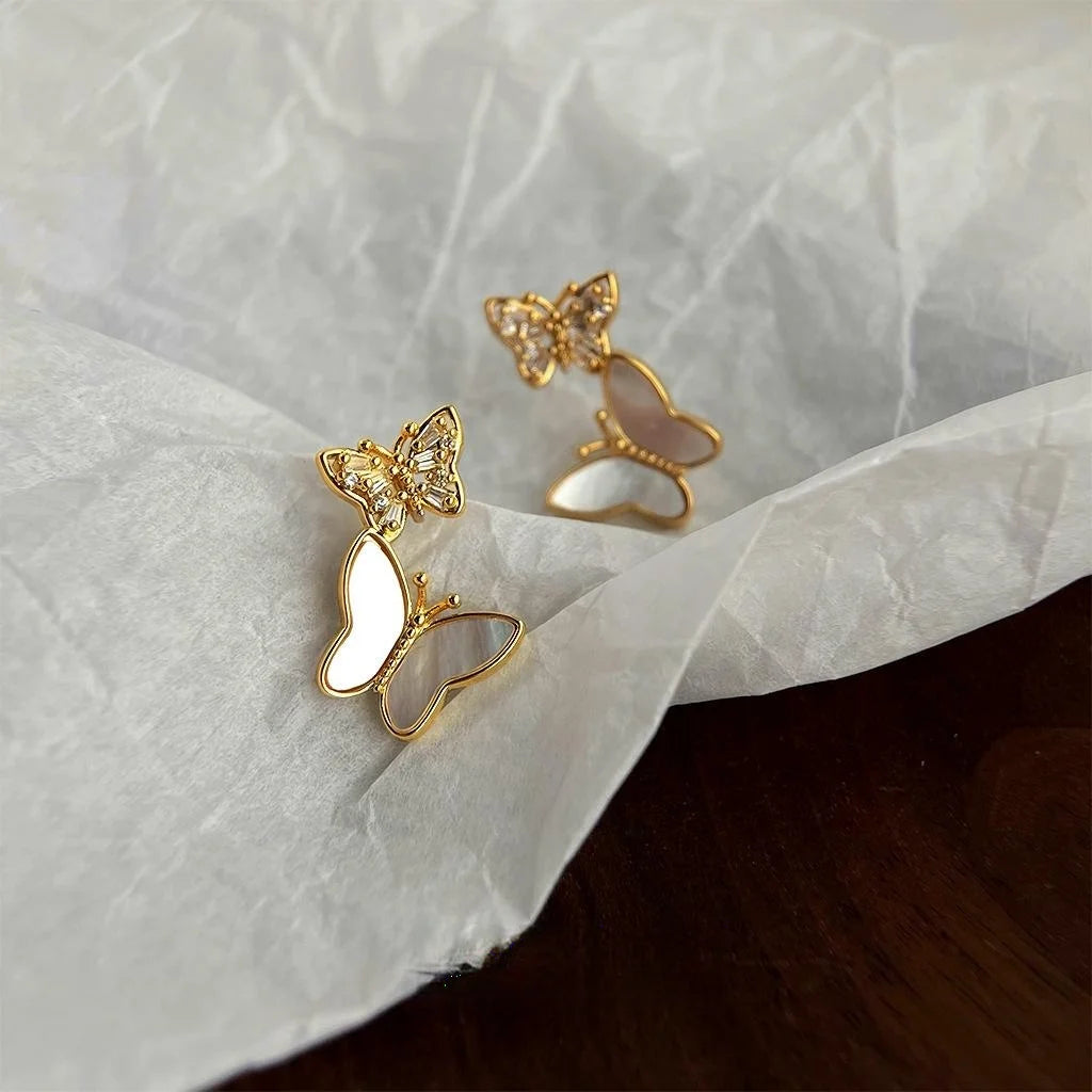 14K Gold Plated Butterfly Stud Earrings Real Shell Micro Pave Zircon Copper Jewelry