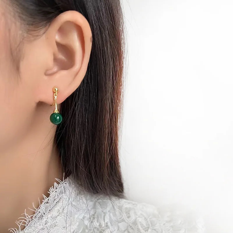 Vintage Green Agate Bead Spiral Disc Alloy Stud & Clip On No Piercing Chinese Style Drop Earrings