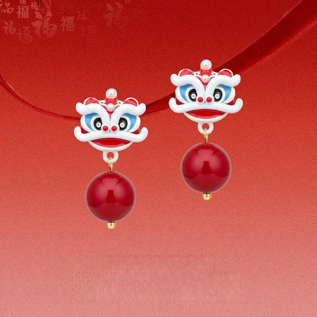 Cute Chinese Style Lion Dance Drop Earrings Handmade Painted Enamel Copper Jewelry