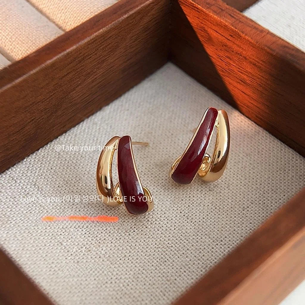 Hong Kong Retro 14K Gold Plated Copper Wine Red Enamel Geometric Hoop Stud Earrings For Women