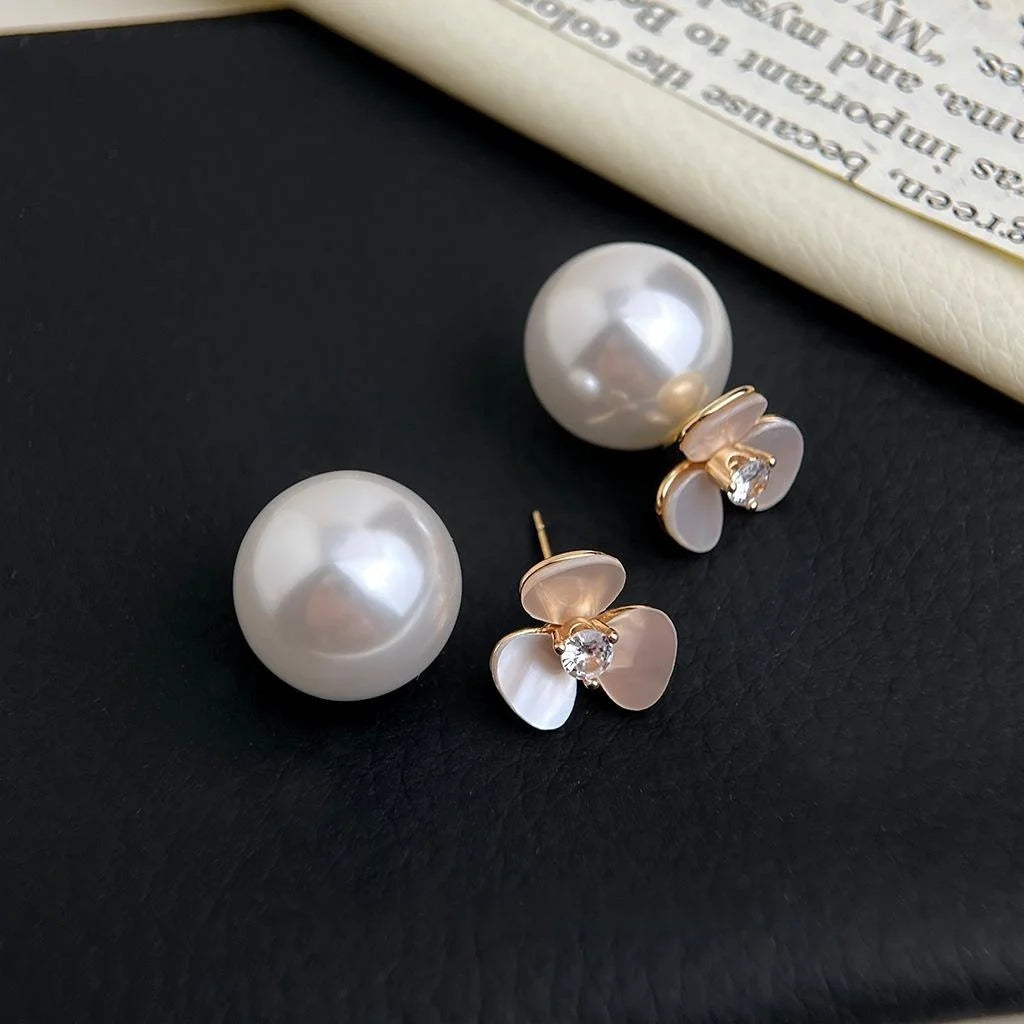 Elegant Real Shell Flower Zircon Inlaid Pearl Flower Drop Earrings For Women