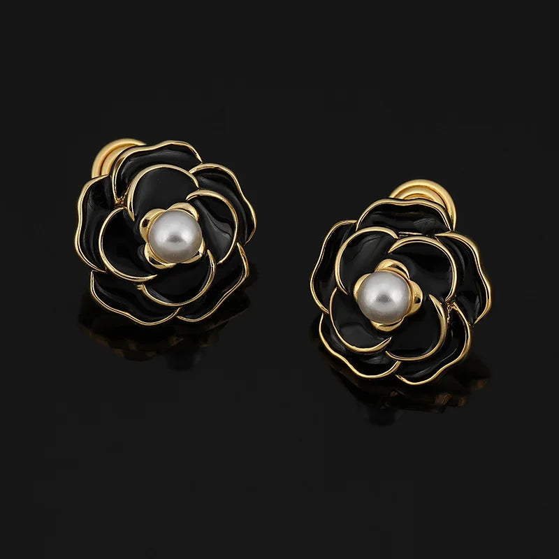 Elegant Black Enamel Camellia Flower Pearl Alloy Stud & Clip On No Piercing French Style Earrings