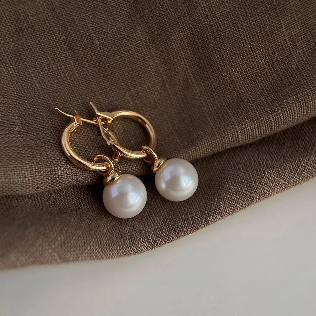14K Gold Plated Copper Round Geometric Glass Pearl Drop Earrings Light Luxury Handmade Jewelry