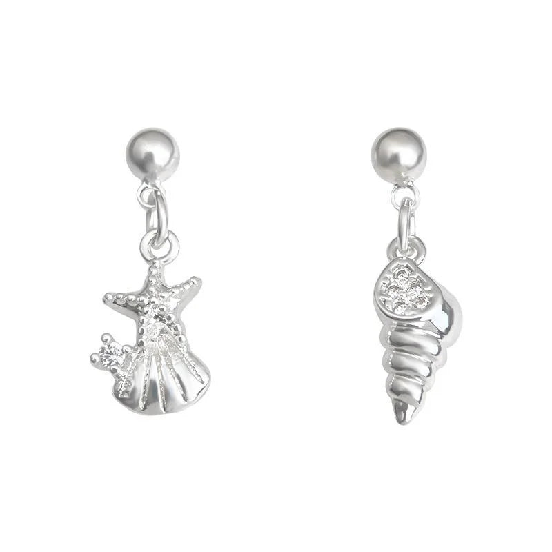 Cute Fresh Copper Asymmetric Seashell Starfish Drop Earrings For Women