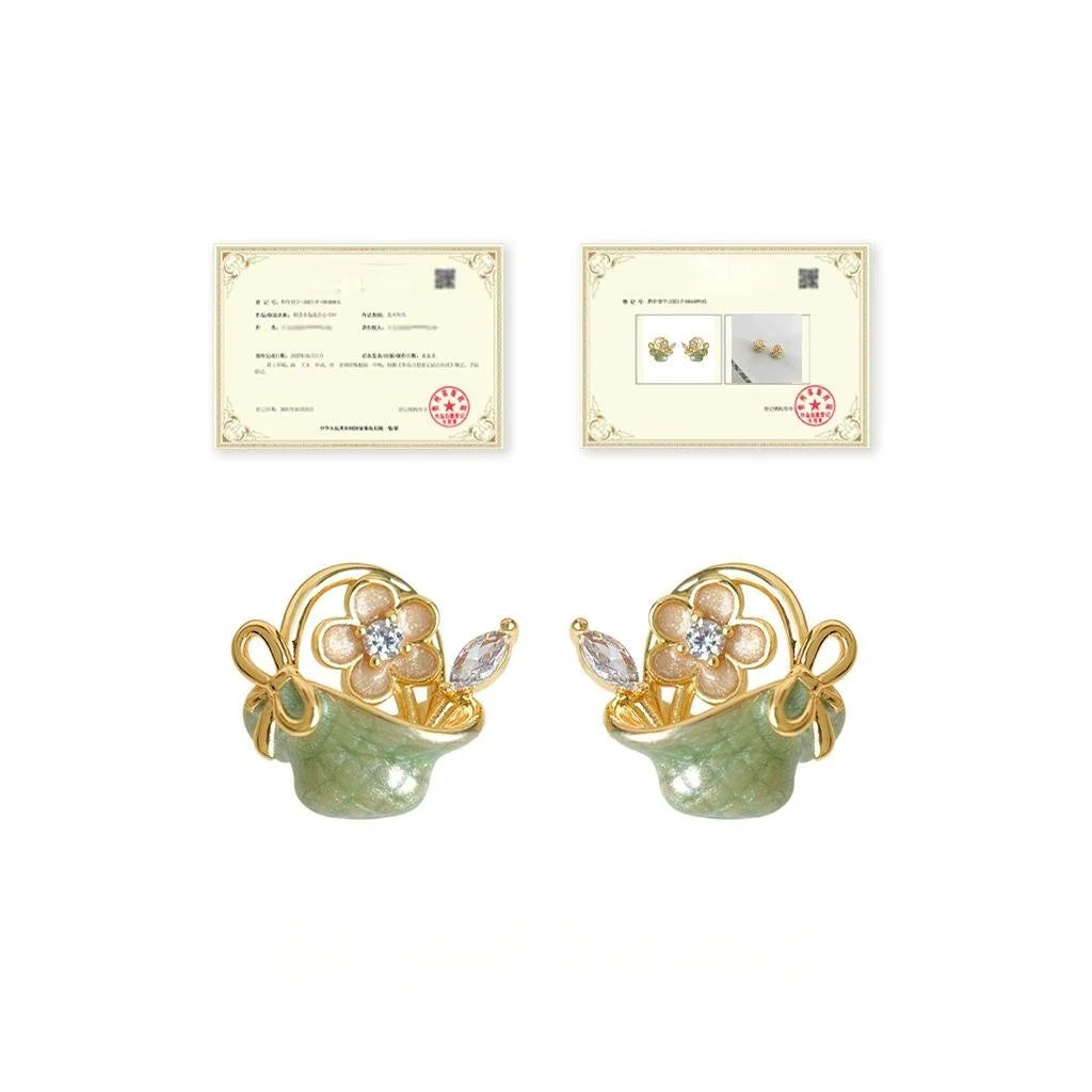 Pastoral Floral Basket Hand Painted Enamel Copper Zircon Stud Earrings