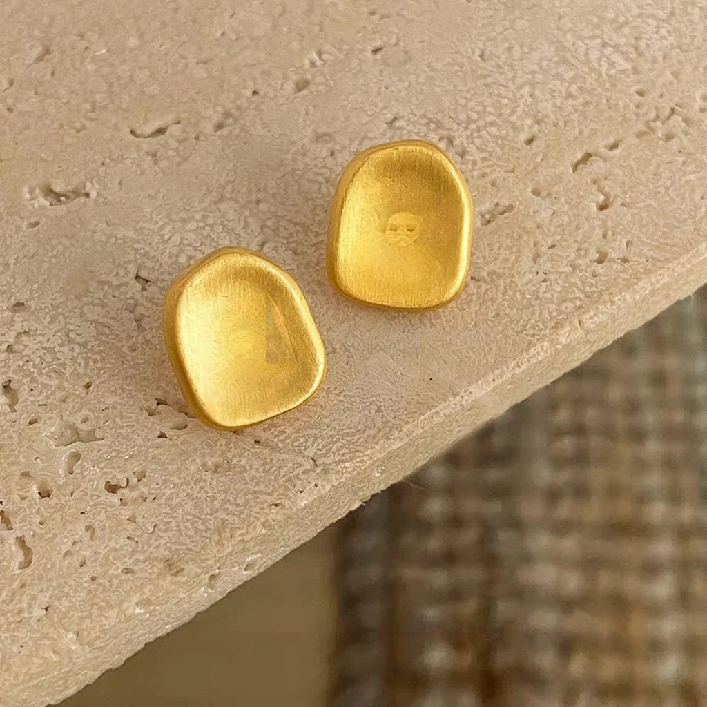 French Vintage Brushed Copper Stud Earrings Matte Geometric Letter Design