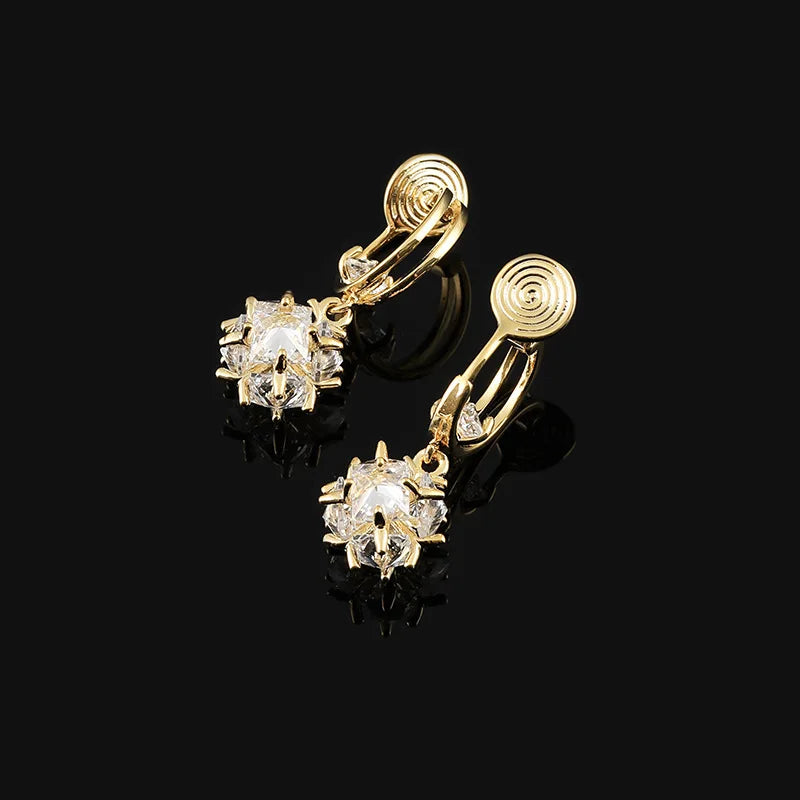 Luxury Spiral Disc Zircon Drop Stud & Clip On No Piercing Gold Alloy Sparkling Ball Dangle Earrings