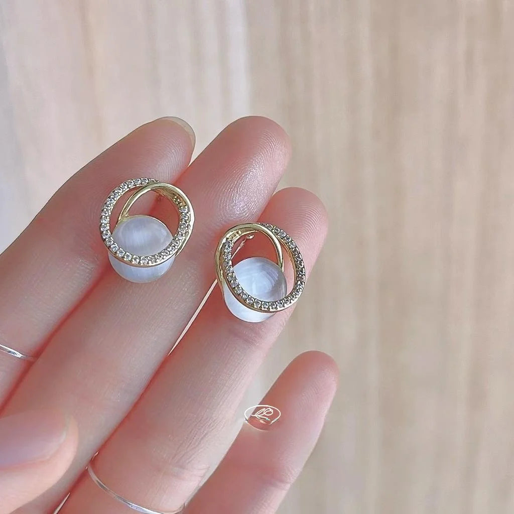 French Luxury Oval White Glass Cat Eye Stone Stud Earrings With Micro Pave Zircon Copper