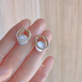 French Luxury Oval White Glass Cat Eye Stone Stud Earrings With Micro Pave Zircon Copper
