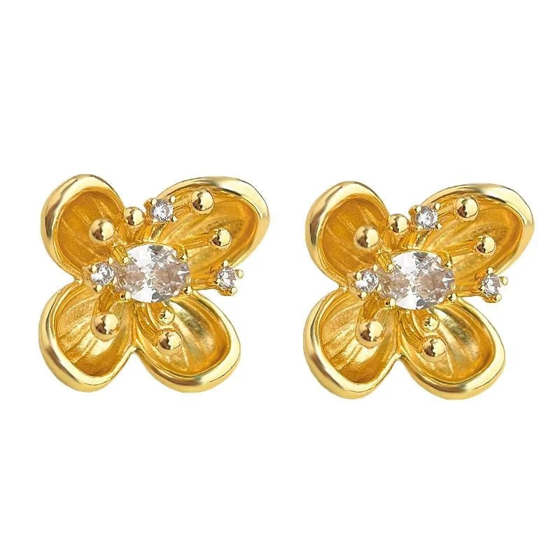 Vintage Ethnic Plum Blossom Zircon Stud Earrings With 14K Plated Copper