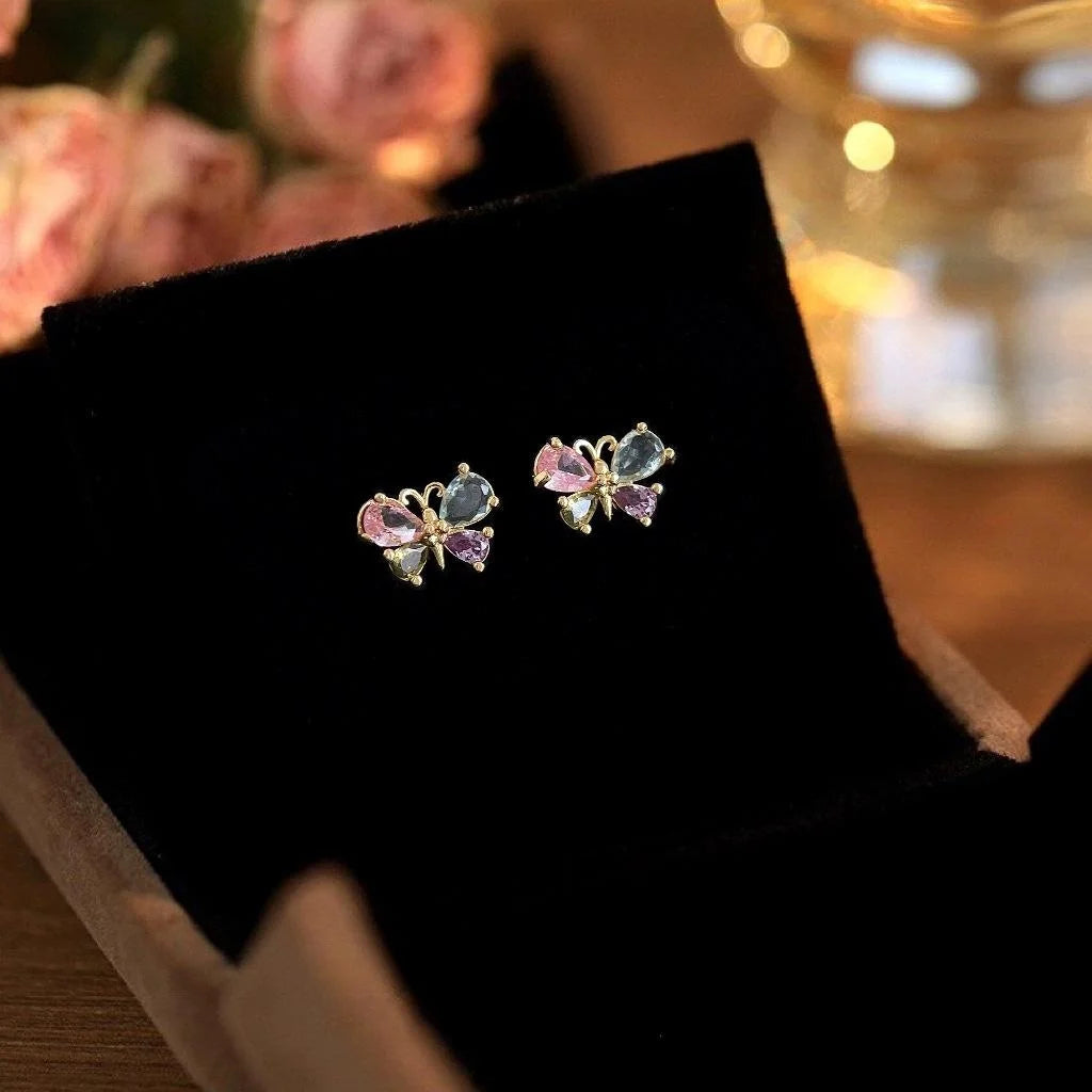 Mini Micro Pave Zircon Colorful Butterfly Stud Earrings Sweet Copper Jewelry For Women